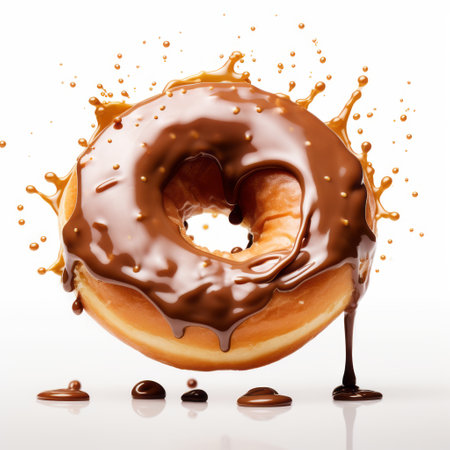 a chocolate caramel donut floats in water, showcasing a realistic portrayal of light and shadow. this unique artwork by john wilhelm combines joyful chaos with spray-painted elements, resulting in a piece that seamlessly blends humor and heart. the ultrafine detail and valentin rekunenko's artistic touch make this photo a captivating visual experience. ai generatedの素材