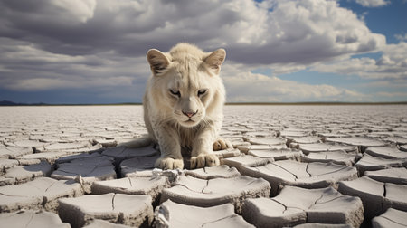 lions sprint across the salt flats, their unkempt appearance reflecting their fast-paced lifestyle. this surrealistic image, reminiscent of a post-apocalyptic world, combines the artistic styles of peter lippmann and kitty lange kielland. with a touch of environmental activism, the digitally enhanced photograph by temmie chang showcases the lions' urgency and the stark contrast between the white and amber tones. ai generatedの素材
