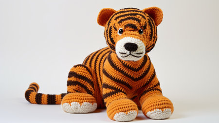 a crochet tiger toy, inspired by the artistic styles of carsten holler, fernando botero, and patricia piccinini. this unique creation features bold patterns and typography, reminiscent of the bengal school of art. commissioned for a project, the toy showcases a vibrant color palette of violet and amber. ai generatedの素材