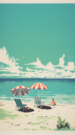 two black lounge chairs with straw umbrellas are captured in this photo, featuring a retro filter that enhances the dark teal and light red colors. the surreal seascapes create a captivating scene, reminiscent of lomography lady grey photography. the vibrant illustrations add to the overall beauty of this vacation-inspired dadcore image. ai generatedの素材
