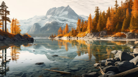 a serene lake surrounded by vibrant redwood trees in full autumn splendor, reflecting their colors on the calm water's surface. this tranquil scene captures the beauty of nature during the fall season, with a glacier illuminated by soft, warm light during golden hour. ai generatedの素材