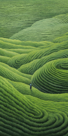 a person walks across a grass field in rural china, creating an optical illusion effect with wavy lines and organic shapes reminiscent of enchanting realms. this associated press photo captures the precise and detailed architecture paintings of light green and navy hues. ai generatedの素材