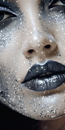 a woman with white makeup and silver paint in her eyes, showcasing a pointillist style of dots and specks. the image, captured by the stars art group xing xing, features a bold fashion photography concept with a frozen movement effect. the close-up shot highlights the dark silver and dark navy tones, creating a visually striking and high-definition image. ai generatedの素材