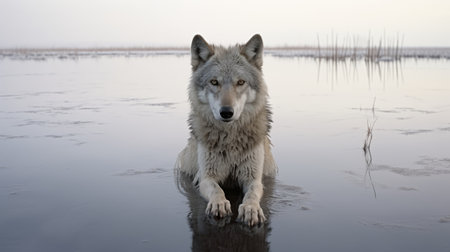 a small wolf with its paws in the water washes ashore, captured in the style of calming symmetry by the dusseldorf school of photography. this highly detailed national geographic photo showcases the chilling beauty of these creatures. shot with a konica auto s3, the gray wolf stands out against the serene backdrop. ai generatedの素材