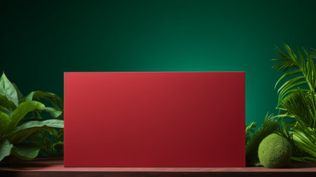 a red blank box sits on a table amidst a natural green backdrop. this photo showcases color-blocking abstraction, classic still life compositions, and monumental abstraction. it resembles a wall sculpture or installation, captured in a matte finish with 8k resolution. the dark green and light crimson hues add depth and contrast to the image. ai generatedの素材