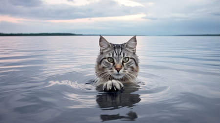 a tabby cat gracefully immersed in water, its eyes wide open, gazing up at the vast sky above. this captivating photograph captures the essence of nature, reminiscent of the renowned national geographic style. inspired by the helsinki school and the mesmerizing landscapes of norwegian nature, this photo is a true masterpiece. ai generatedの素材