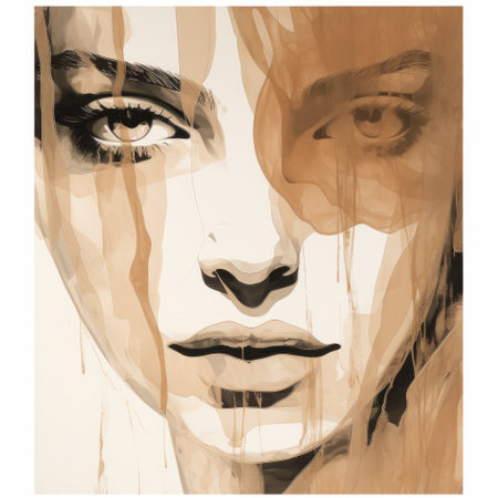 a captivating illustration by marc lagrange featuring a young girl with an elegant and emotive face, rendered in dark beige and dark amber watercolor. the black-and-white graphic style adds a touch of sophistication, while the dripping paint effect, reminiscent of james bullough's work, gives the artwork a unique and mesmerizing quality. the girl's face appears almost ethereal, as if made of glass. ai generatedの素材