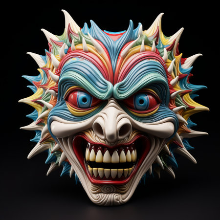the skull sculpture, created by johnson tsang, showcases a vibrant and psychedelic manga-inspired design. crafted with a combination of plaster, clay, and epoxy, this artwork features aggressive digital illustrations and colorful caricatures. the strong facial expression and elements like the manticore and fang lijun add an intriguing touch to this unique piece. ai generatedの素材