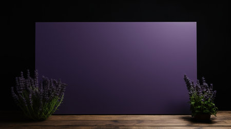 a purple square in a wooden frame showcases green flowers and lavender in a moody chiaroscuro lighting style. this large-scale minimalist kitchen still life features dark black and purple tones, exuding a post-minimalist aesthetic. the minimalist spare simplicity of the composition is enhanced by spectacular backdrops. ai generatedの素材