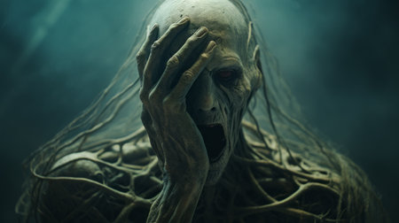 the photo features a green old creature in shock, with hands on top of its head. the image is in the style of hyper-realistic sci-fi, with white text overlay. it is created by alessio albi using bryce 3d software, with minimal retouching. the photo has a grainy texture and showcases bold and dynamic lines, giving it a tenebrous atmosphere. andrew ferez is also associated withの素材