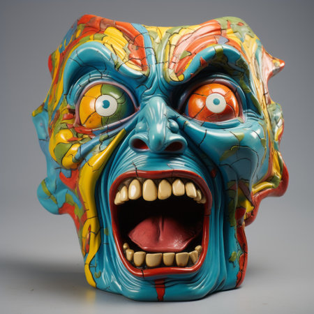 a ceramic mask featuring vibrant colors inspired by "the scream," "the creature in the dark," and "the eye." this explosive and chaotic style of illustration creates a caricature-like effect. the mask is intricately sculpted with exaggerated anatomy, showcasing a toycore aesthetic. the portraitures are photographically detailed, with a striking combination of light blue and orange hues. ai generatedの素材