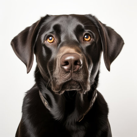 a dog with a soft lighting portrait style is captured on a white background, showcasing its mouth. the photograph, taken with a hasselblad h6d-400c, exhibits photographically detailed portraitures by stephen shortridge. the image highlights the smooth lines and features a combination of dark black and amber tones. this stunning photo was taken using provia film. ai generatedの素材