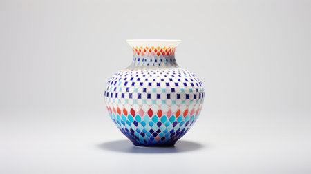 a vase of modern ceramics featuring dot-painted colors, optical blending, and translucent geometries. inspired by ssaku hanga, the design showcases vividly bold designs and incorporates elements of hurufiyya. the white background beautifully complements the woven color planes, creating a visually striking piece. ai generatedの素材
