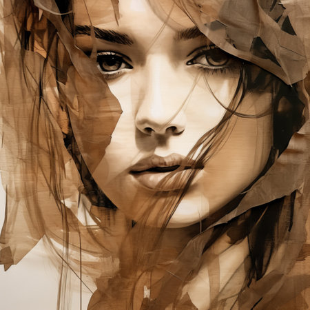 portrait of a woman with her face covered in paper, reminiscent of the artistic style of mike deodato. the color palette features dark beige and amber tones, inspired by the works of anna razumovskaya. this multilayered realism piece showcases hyper-realistic water and soft lines and shapes, creating a captivating effect through transparent layers. ai generatedの素材