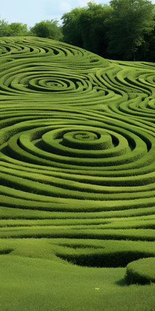a mesmerizing japanese-inspired photograph showcasing a sprawling expanse of vibrant green leaves arranged in a circular shape. the composition features intricate spirals, curves, and zigzags, reminiscent of striped arrangements. this national geographic photo captures the interlacing artifacts with remarkable precision, creating a visually captivating scene. ai generatedの素材