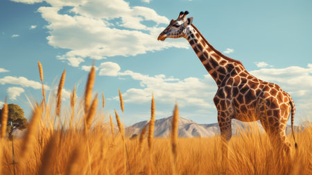 a giraffe stands gracefully in a dry grassland, surrounded by surreal 3d landscapes. rendered in cinema4d, this playful cartoon illustration captures the essence of the giraffe's elegance. the use of daz3d and rhads techniques adds a touch of realism, reminiscent of the farm security administration aesthetics. ai generatedの素材