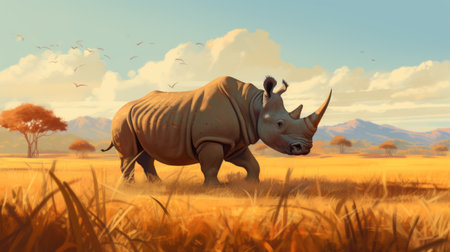 rhinos standing in grass with a lone red thorn. concept art style, digital painting, golden age illustrations, charming character illustrations, rtx on, sepia tone, colorful storytelling. ai generatedの素材