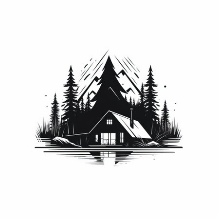 a black and white icon featuring a traditional mediterranean cabin surrounded by a body of water. this forestpunk-inspired graphic design illustration showcases the beauty of the wilderness. with a resolution of 3840x2160, the image captures the intricate details of heavy inking and the rustic charm of wood. perfect for outdoor art enthusiasts. ai generatedの素材