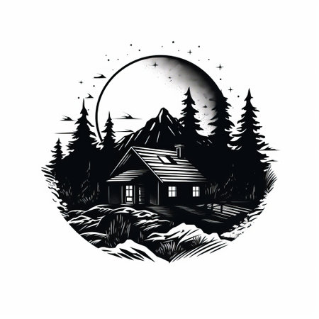 a black and white forestpunk illustration featuring a mountain and house. the artwork showcases realistic chiaroscuro techniques, circular shapes, and chiaroscuro woodcut influences. it embodies the aesthetic of cabincore and incorporates classic tattoo motifs, with a realistic portrayal of light and color. ai generatedの素材
