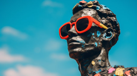 a person wearing sunglasses stands against a vibrant blue sky in this photograph. the image captures the essence of abstract colorist sculptor's style, with bold colorism and mixed media pieces made of rubber. the selective focus adds depth to the hyper-realistic sculptures, showcasing the dark azure and red tones. ai generatedの素材