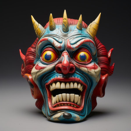 a carved demon mask with dragons and fiery eyes, showcasing a colorful caricature style inspired by japanese imagery. this unique maquette captures the essence of imaginative prison scenes, ssaku hanga, lowbrow art, and the influence of the blue rider movement. ai generatedの素材