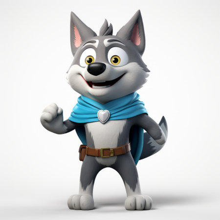 a small wolf character, resembling a superhero, is depicted on a white background. this character, created in the style of the quito school and rendered in unreal engine, exudes a joyful and optimistic vibe. the image showcases a holotone printing effect, with a color palette dominated by dark silver and sky-blue shades. the overall composition is bold and busy. ai generatedの素材