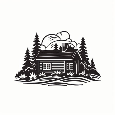 a black and white photograph of a cabin nestled in the woods, surrounded by tall trees. the image showcases strong graphic elements and captures the essence of cabincore. the expansive landscape and atmospheric clouds add to the overall atmosphere. this captivating photo combines elements of carving and logo design, creating a visually striking composition. with its unique style and attention to detail, this image evokesの素材
