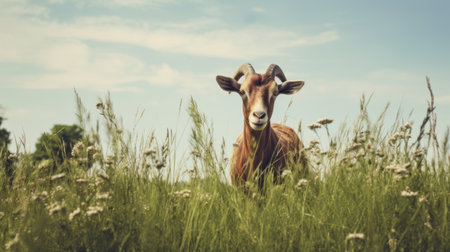 an orange goat stands in the grass, capturing the essence of farm security administration aesthetics. this 8k resolution image by joel robison showcases the unique style of tami bone, with a color palette of light maroon and brown. the goat's strong facial expression adds depth to the composition. ai generatedの素材