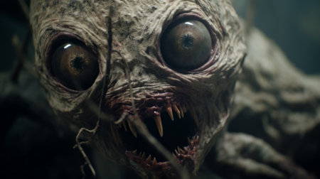 creature with eye and open mouth in a scary scene, featuring natural color grading with gritty, desaturated tones. the wide perspective shot, enhanced by studio lighting, creates a sense of mystery and the unknown. this cinematic visual style, reminiscent of a gritty horror film, is directed by christopher nolan. ai generatedの素材