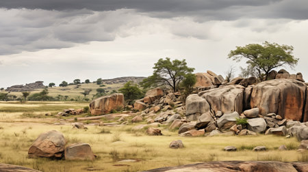 a serene pastoral scene captured with a tokina at-x 11-16mm f/2.8 pro dx ii lens. this photo showcases a rocky and green plain, reminiscent of african influence. the light gray and dark beige tones create a naturalistic expressionism, reminiscent of the detailed natural scenes often depicted by gerard sekoto. ai generatedの素材