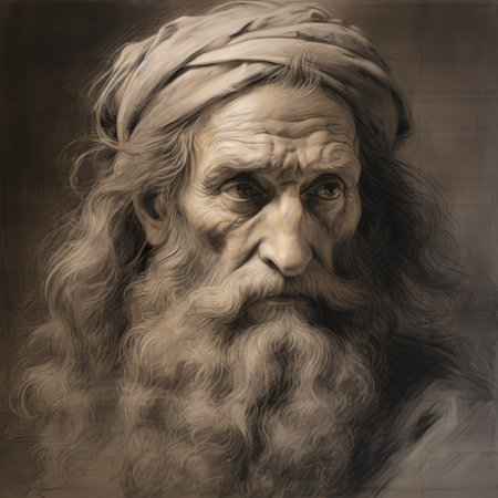 a mesmerizing portrait of a weathered david, drawn in the style of leonardo da vinci's charcoal drawings. the depth and wrinkles of his face are meticulously captured, showcasing the mastery of chiaroscuro. the intensity of his gaze and the subtle shading bring the drawing to life, evoking a sense of timelessness and wisdom. against a simple, monochromatic background, the intricate details of the subject takeの素材