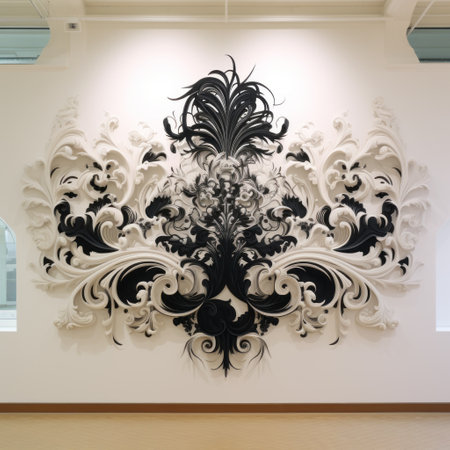 floral abstract wall mural by arte edson, inspired by the intricate black and white illustrations of johnson tsang. this stunning piece combines elements of paper sculptures and rococo ornateness, creating a captivating display of contrasting shadows. reminiscent of conrad shawcross's style, this artwork also incorporates elements of security camera art. ai generatedの素材
