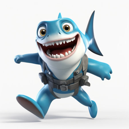 a 3d cartoon shark, designed by firmin baes, is depicted jumping around in a playful manner. the shark features a cartoonish character design with a combination of dark white and light blue colors. its shiny eyes add a touch of liveliness to the overall appearance. the image is colorized using the zone system, highlighting the emphasis on the intricate character design. ai generatedの素材