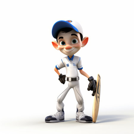 a cartoon 3d baseball player, designed with childlike innocence and charm, is depicted holding a bat while standing. the character design is cartoonish, reminiscent of bartolome esteban murillo's style. the color palette consists of light white and navy, giving the image a youthful and traditional feel. ai generatedの素材