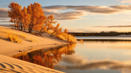 a serene lake surrounded by mahogany trees in full autumn splendor, reflecting vibrant colors on the calm water's surface. this tranquil scene evokes serenity and appreciation for the beauty of nature during the fall season. shot during golden hour, the image showcases soft, warm light illuminating the dune. ai generatedの素材