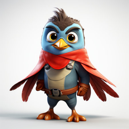 the cartoon character bird is depicted wearing vibrant red clothing over its crest. the artwork showcases a style reminiscent of ray tracing, with a combination of light indigo and light bronze colors. the character exudes a youthful and playful vibe, with strong facial expressions. the use of texture adds an epic touch to the overall composition, reminiscent of the moche art style. ai generatedの素材