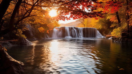 a serene lake surrounded by vibrant autumn cherry trees reflects their colors on the calm water's surface, creating a tranquil scene. the waterfall adds to the sense of serenity, while the soft, warm light during golden hour enhances the beauty of this nature-filled image. ai generatedの素材