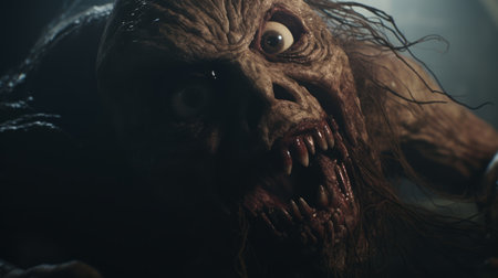 creature with eye and open mouth in a scary scene, featuring natural color grading with gritty, desaturated tones. the wide perspective shot, enhanced by studio lighting, creates a sense of mystery and the unknown. this cinematic visual style, reminiscent of a gritty horror film, is directed by christopher nolan. ai generatedの素材