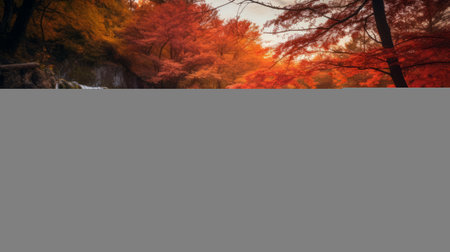 a serene lake surrounded by vibrant autumn cherry trees reflects their colors on the calm water's surface, creating a tranquil scene. the waterfall adds to the sense of serenity, while the soft, warm light during golden hour enhances the beauty of this fall landscape. ai generatedの素材