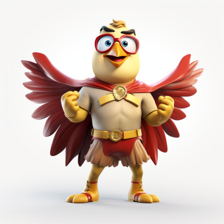 an army hen character is depicted wearing glasses and a helmet, showcasing a dynamic pose. the artwork features a vibrant color palette of light red and light gold. the 3d design adds depth to the youthful protagonists, while the vivid birdlife adds an element of liveliness. the overall style can be described as a combination of kombuchapunk and superhero aesthetics. ai generatedの素材