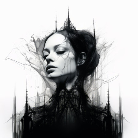 the artist's creation is a black and white portrait in the style of gothic futurism. the image showcases transparent layers and futuristic fragmentation, adding a touch of darkly romantic realism. columns and totems are incorporated, enhancing the overall aesthetic. the use of prerendered graphics further enhances the visual appeal of this unique artwork. ai generatedの素材