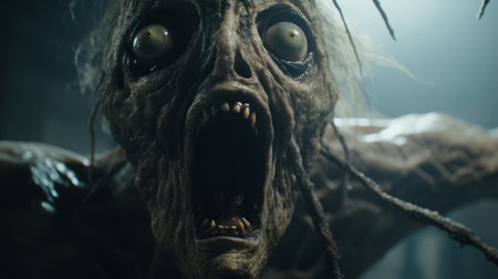 creature with eye and open mouth in a scary scene, featuring natural color grading with gritty, desaturated tones. the wide perspective shot, enhanced by studio lighting, creates a sense of mystery and the unknown. this cinematic visual style, reminiscent of a gritty horror film, is directed by christopher nolan. ai generatedの素材