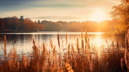 a serene lake in a wetland, surrounded by vibrant chestnut trees in full autumn splendor. the calm water reflects the vibrant colors, creating a tranquil scene that captures the beauty of nature during the fall season. shot during golden hour, the soft, warm light illuminates the wetland, enhancing its serene atmosphere. ai generatedの素材