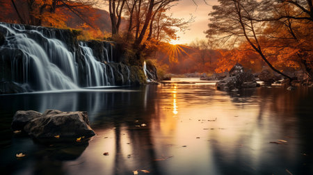 a serene lake surrounded by vibrant autumn cherry trees reflects their colors on the calm water's surface, creating a tranquil scene. the waterfall adds to the sense of serenity, while the golden hour light illuminates the entire landscape, enhancing its beauty. this photo captures the peacefulness and natural splendor of the fall season. ai generatedの素材