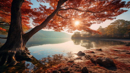 a serene lake surrounded by vibrant teak trees in full autumn splendor reflects their colors on the calm water's surface. this tranquil scene captures the beauty of nature during the fall season, with the soft, warm light of golden hour illuminating the reef. ai generatedの素材