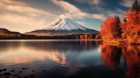 a serene lake surrounded by alder in full autumn splendor reflects vibrant colors on the calm water's surface. this tranquil scene evokes serenity and appreciation for the beauty of nature during the fall season. shot during golden hour, the image showcases the soft, warm light illuminating the volcano, creating a mesmerizing sight. ai generatedの素材