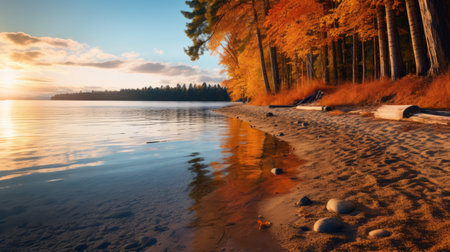 a serene lake surrounded by alder in full autumn splendor, reflecting vibrant colors on the calm water's surface. this tranquil scene evokes a sense of serenity and appreciation for the beauty of nature during the fall season. shot during golden hour, the image showcases the soft, warm light illuminating the beach. ai generatedの素材