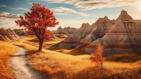a serene lake in the badlands, surrounded by vibrant autumn-colored elm trees, reflects their beauty on the calm water's surface. this tranquil scene captures the serenity and natural beauty of the fall season. shot during golden hour, the image showcases the soft, warm light illuminating the badlands. ai generatedの素材