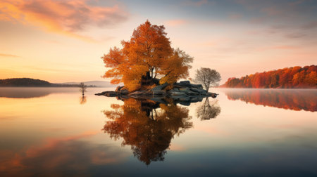 an island in full autumn splendor, surrounded by vibrant elm trees reflecting their colors on the serene lake's surface. this tranquil scene captures the beauty of nature during the fall season, with a soft, warm light illuminating the island during golden hour. ai generated