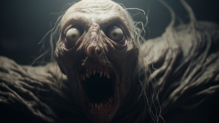 creature with eye and open mouth in a scary scene, featuring natural color grading with gritty, desaturated tones. the wide perspective shot, enhanced by studio lighting, creates a sense of mystery and the unknown. this cinematic visual style, reminiscent of a gritty horror film, is directed by christopher nolan. ai generatedの素材